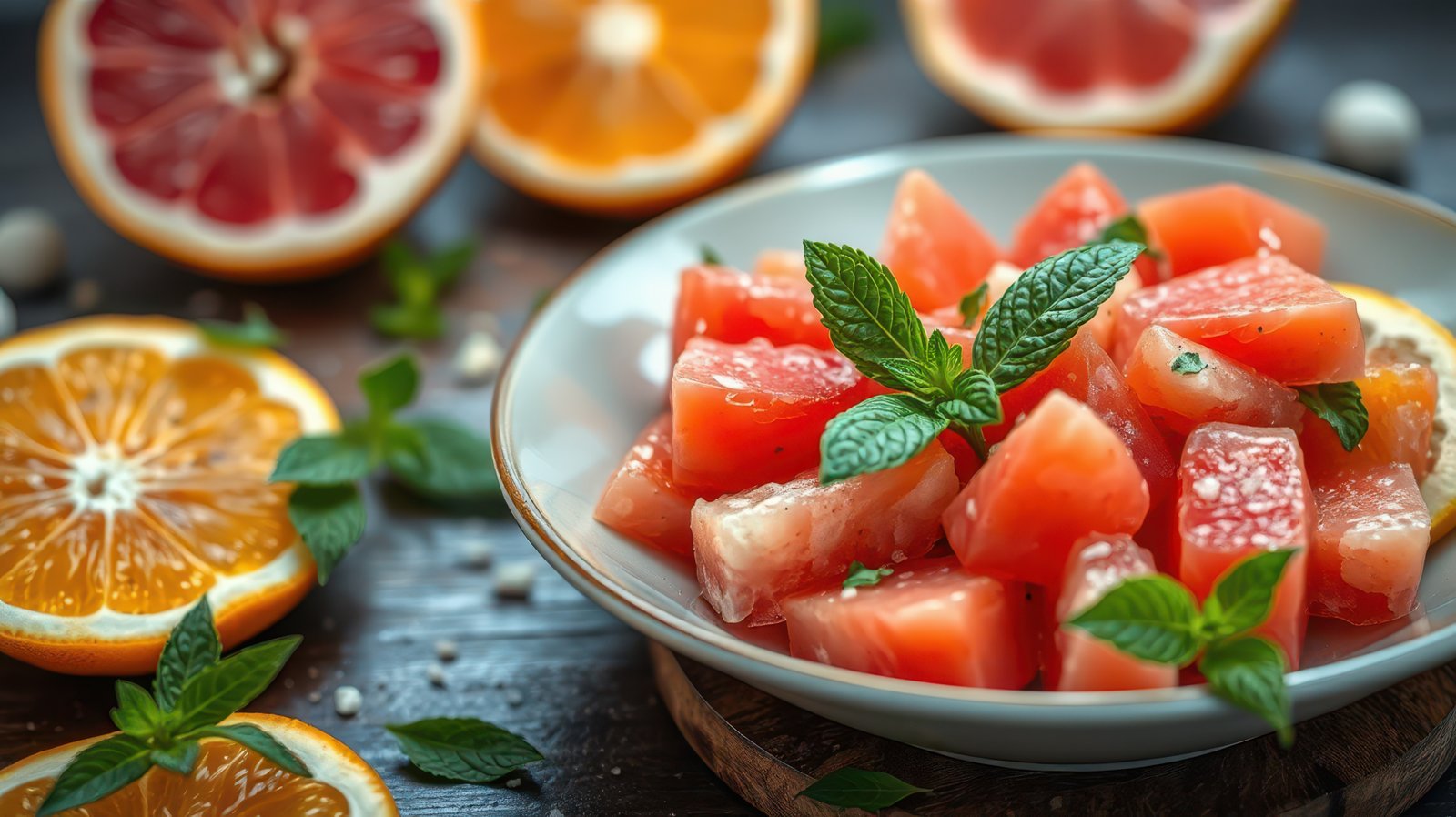Fresh fruit salad with bright citrus and mint served in a bowl on a rustic table